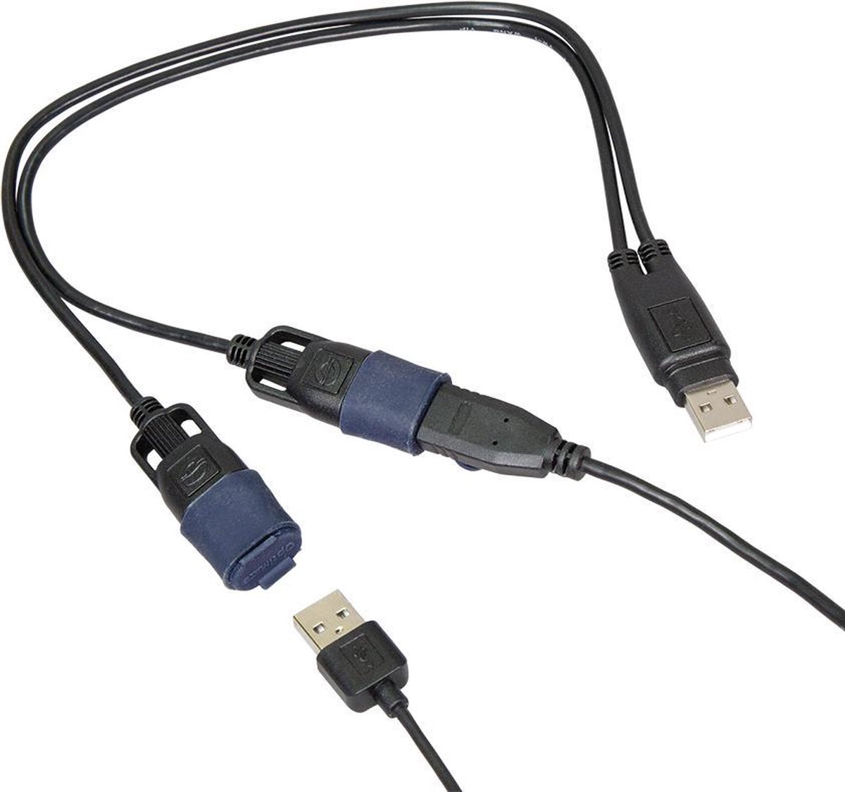 OptiMate O-110 USB Y-Splitter – 1 naar 2 USB Adapter, Waterdicht, 2x USB-uitgang voor Gelijktijdig Opladen van Apparaten, Compatibel met OptiMate USB Laders