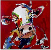 Vrolijke koe schilderij op rode achtergrond