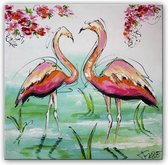 Schilderij - Flamingo's in het water