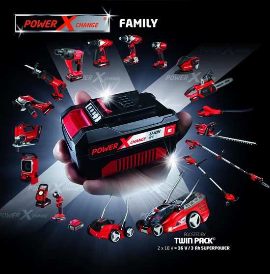 Overzicht van Einhell Power X-Change familie met accu, grasmaaier, heggenschaar en meer.