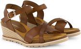 Travelin' Mabella - Leren Dames Sandalen - Sandaletten - Sleehak - Cognac bruin leer - Maat 41