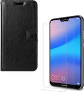 Huawei P20 Lite (2018) Portemonnee hoesje zwart met 2 stuks Glas Screen protector