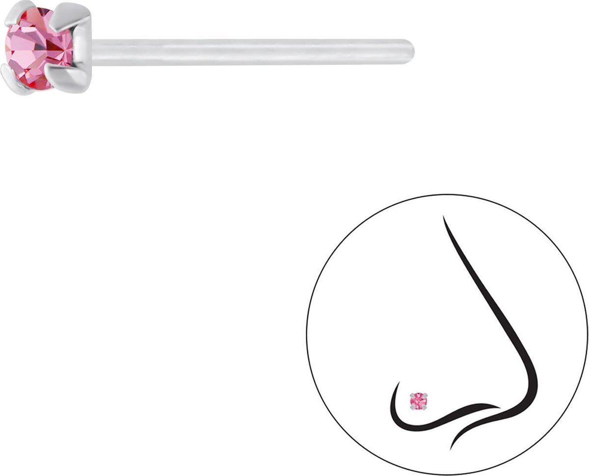 Joy|S - Zilveren petit neuspiercing kristal rond 2.5 mm roze 2 stuks