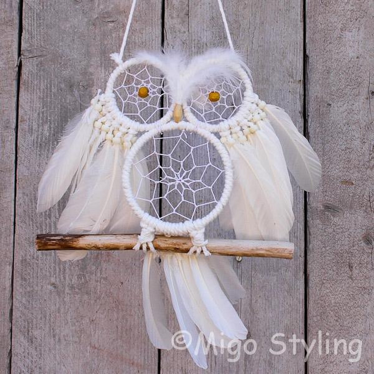 Dromenvanger - Uil - Wit - Met veren - Macrame