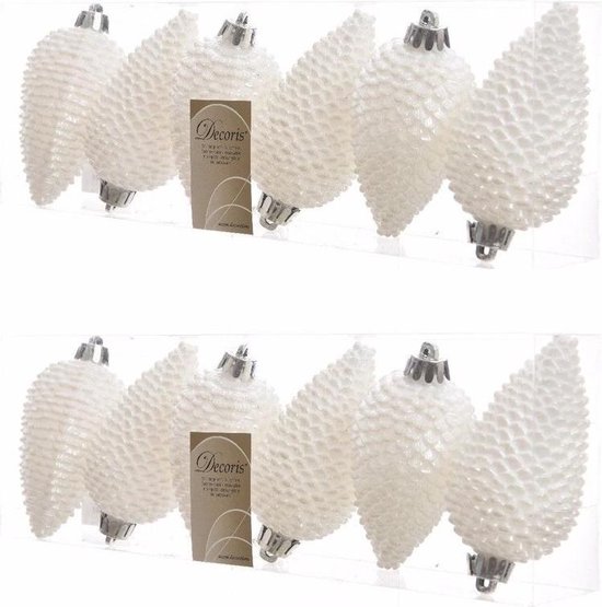 12x Parelmoer witte dennenappels kerstballen 8 cm – Glitter – Onbreekbare plastic kerstballen – Kerstboomversiering parelmoer wit