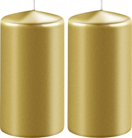 2x Metallic gouden cilinderkaarsen/stompkaarsen 6 x 8 cm 27 branduren - Geurloze kaarsen metallic goud - Woondecoraties