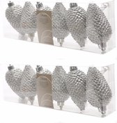 12x Zilveren dennenappels kerstballen 8 cm - Glitter - Onbreekbare plastic kerstballen - Kerstboomversiering zilver