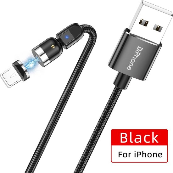 DrPhone LINI Series - Lightning Magnetische kabel – Geschikt Voor iPad / iPod en iPhone - 2.4A - Nylon Gevlochten 540° Graden L-Vorm & Recht Roterend - Zwart