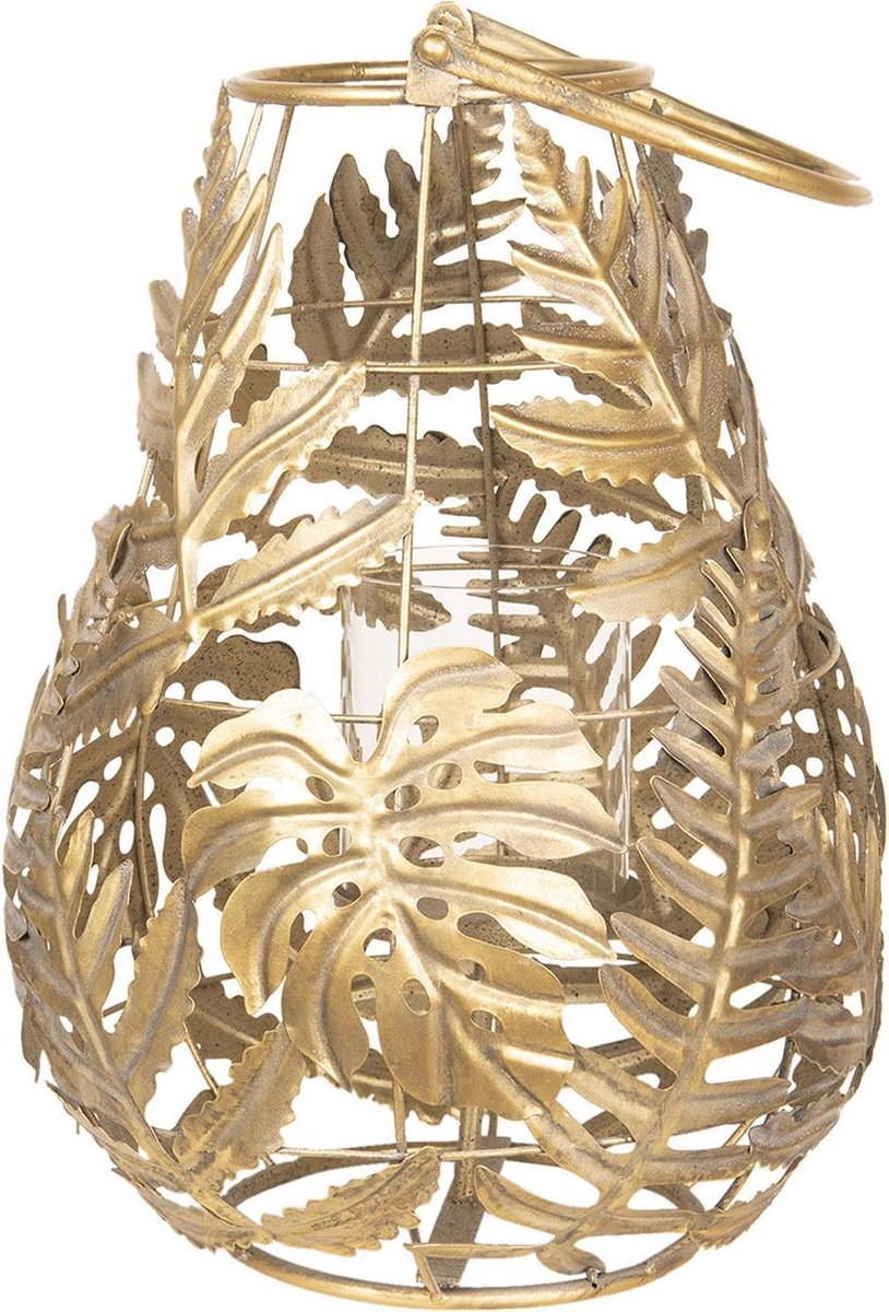 Windlicht Ø 28x42 cm Goudkleurig Ijzer Glas Rond Bladeren Kaarsenhouder