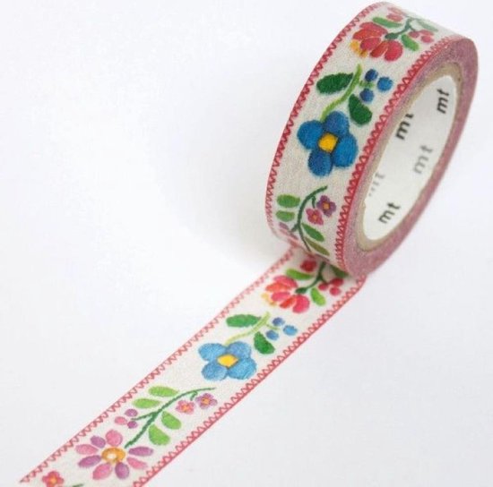 MT Masking tape embroidery 10 m x 1,5 cm. Washi Tape met bloemen
