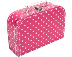 Kinder Koffertje FUCHSIAROZE / WIT STIP 25 cm karton. Decoratie, opbergen Pokemon kaarten, opbergen mondkapjes, opbergen Pop it Fidget toys, speelgoed, logeer partij, kinderkoffer.