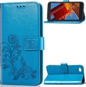 Lucky Clover geperste bloemenpatroon lederen tas voor Geschikt voor Xiaomi Redmi Go, met houder & kaartsleuven & portemonnee & draagriem (blauw)