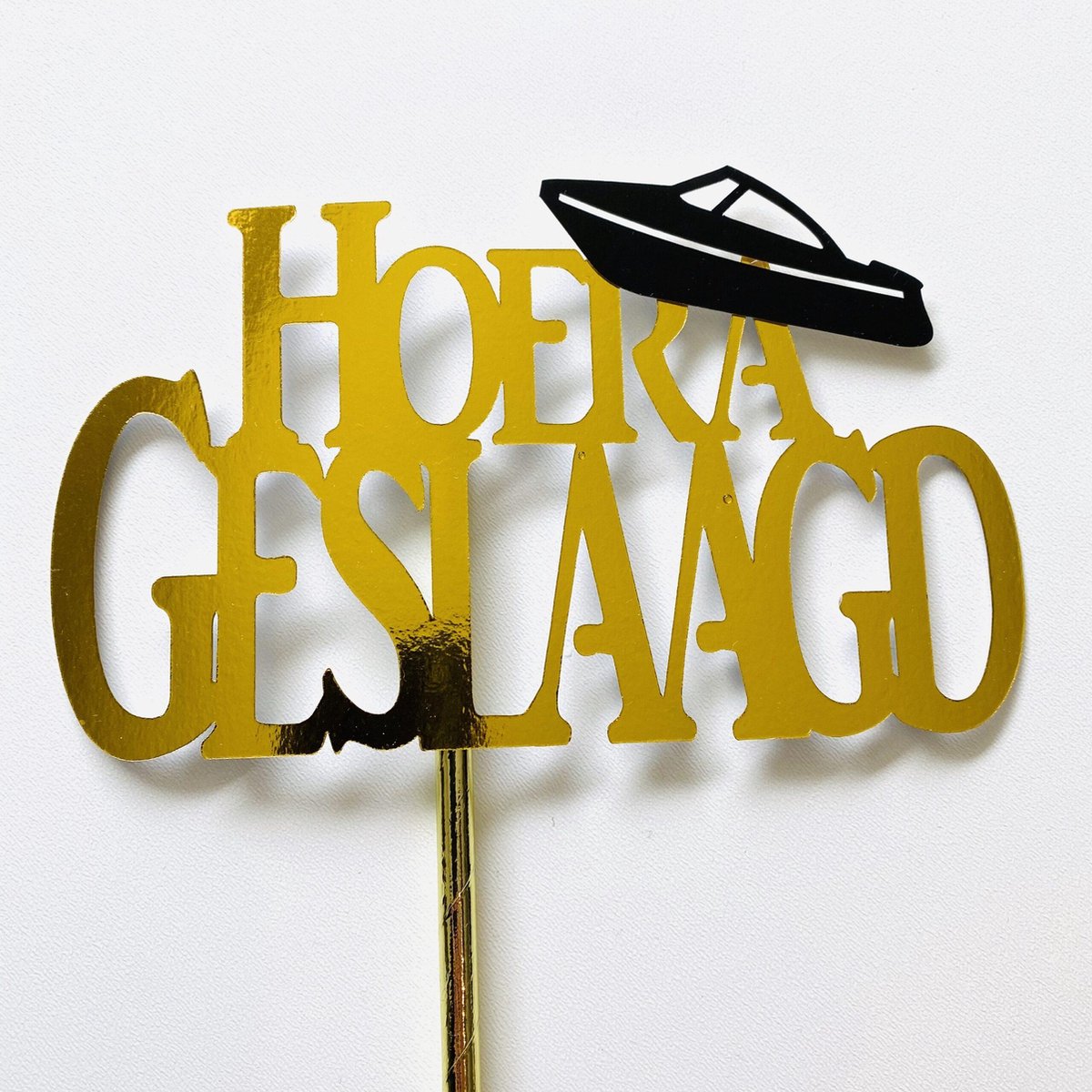 Taarttopper | Taart topper | Geslaagd | Boot| Vaarbewijs | Goud spiegel glans| 14 cm breed | karton