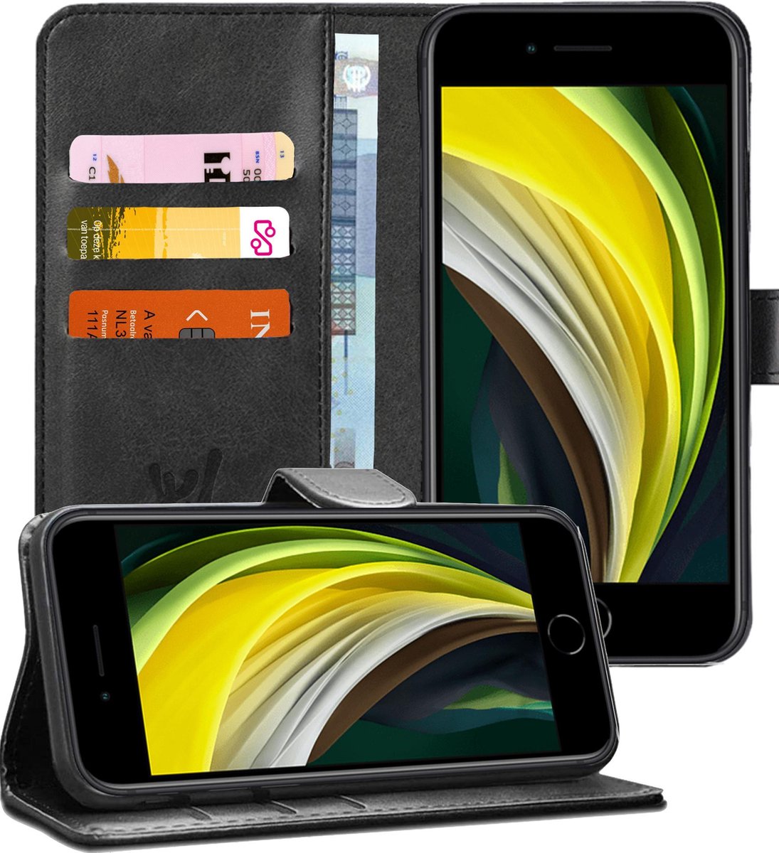 Hoesje geschikt voor iPhone SE 2022 / 2020 / 8 / 7 - Book Case Kunstleer Pasjeshouder Zwart