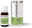 Bruine fles met witte dop en groene en witte verpakking, met Pranamom logo. De verpakking toont "Citronnelle de Java".