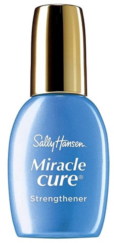 Blauw flesje Sally Hansen Miracle Cure Strengthener met gouden dop.