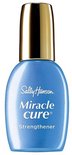 Blauw flesje Sally Hansen Miracle Cure Strengthener met gouden dop.