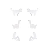 Joy|S - Zilveren oorbellen set 3 paar | kat/ poes | dinosaurus | zeemeermin