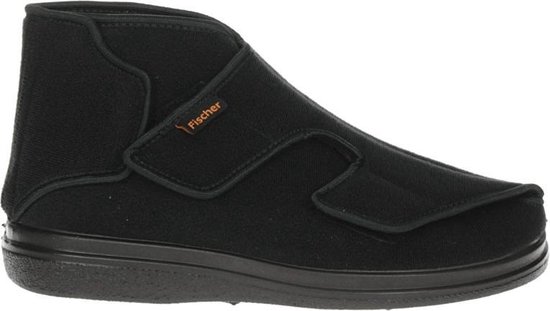 Zwarte stoffen slipper met klittenbandsluiting en oranje Fischer logo.