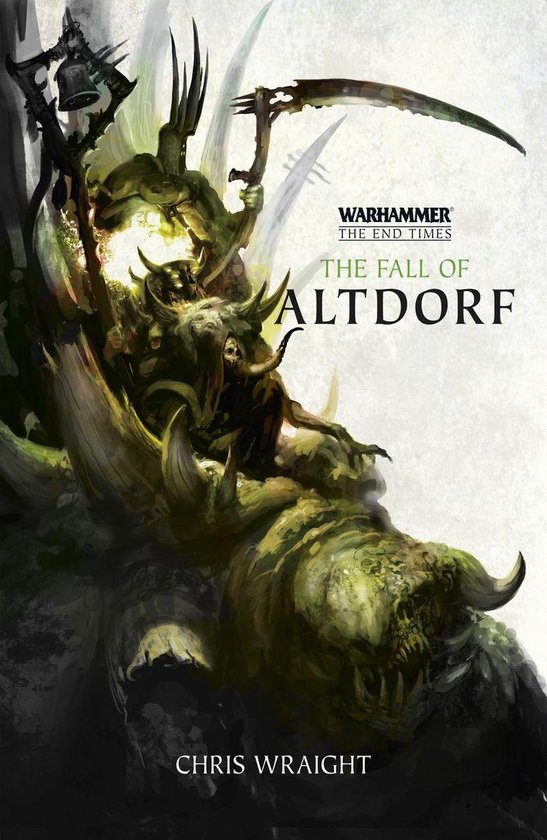 Warhammer The End Times: The Fall of Altdorf. Een groen monster met hoorns draagt een krijger met een zeis.