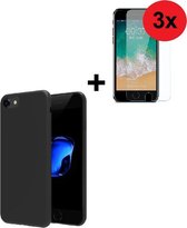 iPhone SE (2020) hoes smartphone hoesje silicone tpu case zwart + 3X Tempered Gehard Glas / Glazen screenprotector (3 stuks) Pearlycase
