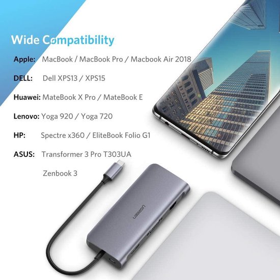Ugreen USB C adapter voor MacBook (Thunderbolt 3) 9 in 1 USB-C Hub Pro met 4K HDMI & VGA en 7 andere poorten voor elke situatie - Ugreen
