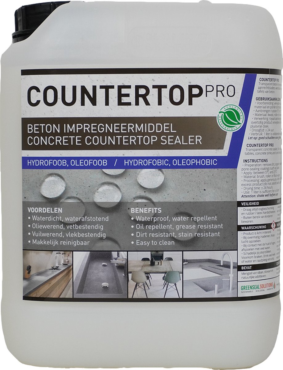 Countertop Pro; Betonnen werkbladen impregneren. Voor het waterdicht, waterafstotend en olie- en vuilwerend maken van beton. Impregneermiddel Nano coating