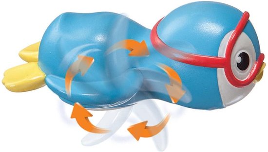 Blauwe opwindbare pinguïn met rode duikbril, gele vinnen en oranje pijlen die de zwembeweging suggereren.