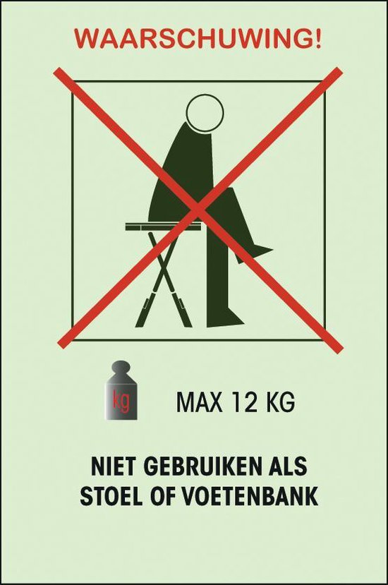 Waarschuwingssymbool dat aangeeft dat de tafel niet gebruikt mag worden als stoel of voetenbank, max 12kg.
