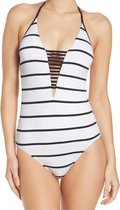 Seafolly Cast Away Stripe Deep V Maillot White - Zwart wit gestreept badpak met een lage V hals Dames - maat 36