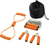 Fitness set voor sport workout thuis - Inclusief 2 handgreeptrainers, springtouw en strektoestel - Fitnessmaterialen en workout set voor thuis trainen