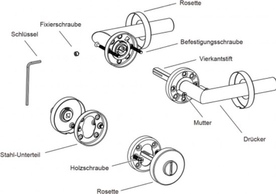 Exploded view van een deurklink set: sleutel, schroeven, vierkantstift, rozetten, moer, drukkers, met Duitse tekst.