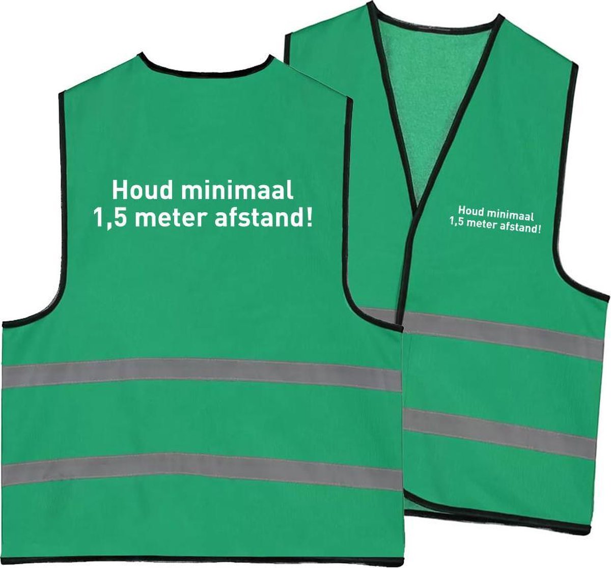 Veiligheidsvest houd minimaal 1,5 meter afstand groen met opdruk op voor en achterzijde