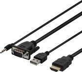DELTACO VGA-HDMI16, VGA naar HDMI, USB, Audio 3,5 mm, 1m, zwart