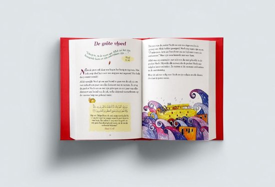 Open boek met pagina's over de grote vloed, illustraties van Noach en golven.