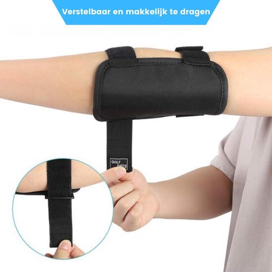 Close-up van een arm met verstelbare zwarte golf elleboogbrace, met een detail van de klittenbandsluiting.