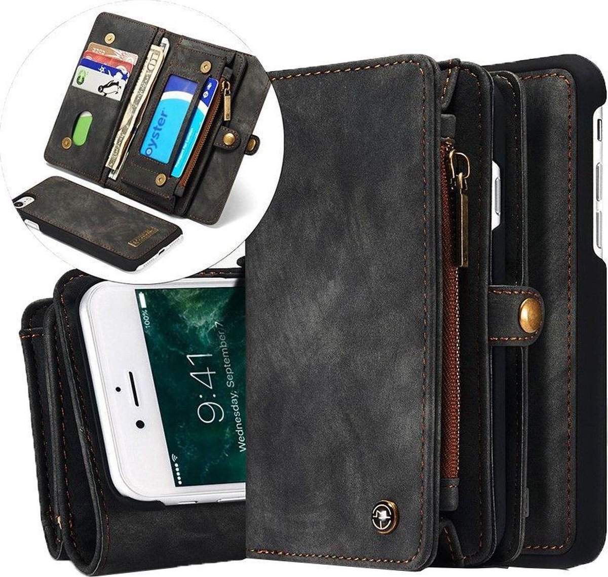 iphone 7 Vintage Portemonnee Hoesje - uitneembaar met backcover (zwart)