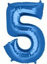 Folie ballon XL cijfer 5 blauw kleur is 1 meter  groot  inclusief een flamingo sleutelhanger