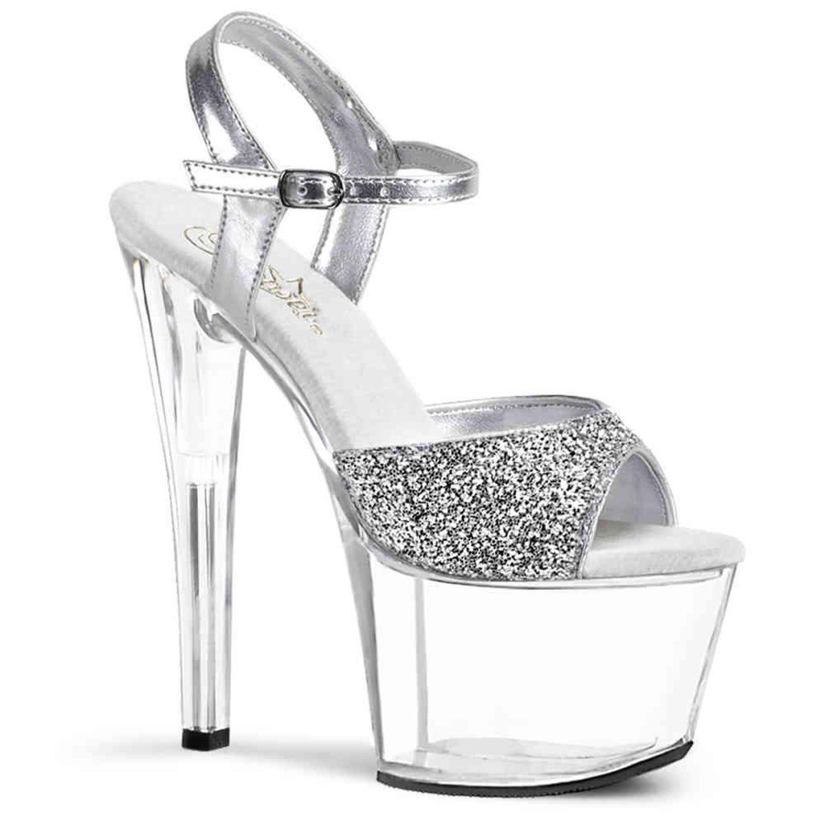 Pleaser - SKY-310 Sandaal met enkelband, Paaldans schoenen - Paaldans schoenen - 38 Shoes - Zilverkleurig/Transparant