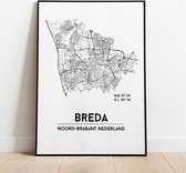 Breda city poster, A3 (30x40 cm) met lijst, plattegrond poster, woonplaatsposter, woonposter
