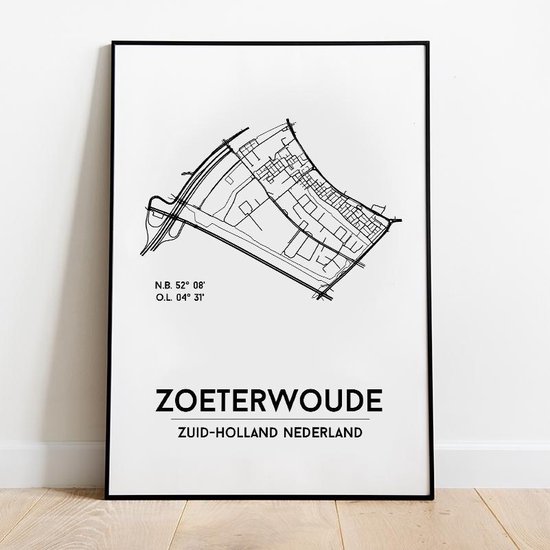 Zoeterwoude city poster, A4 met lijst, plattegrond poster, woonplaatsposter, woonposter