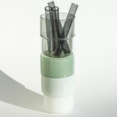 4 borosilicaat stapel glazen 250 ml, mint groen - wit - grijs - transparant glas met 4 dikke grijzen glazen rietjes. 100% vaadwasser veilig Nederlands ontwerp Maarten Baptist