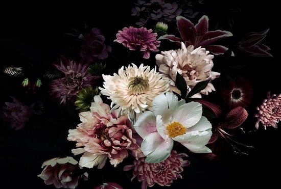 Glasschilderij - Bloemen - Roze, wit en paars - Zwarte achtergrond - 80 x  120 -... | bol.com