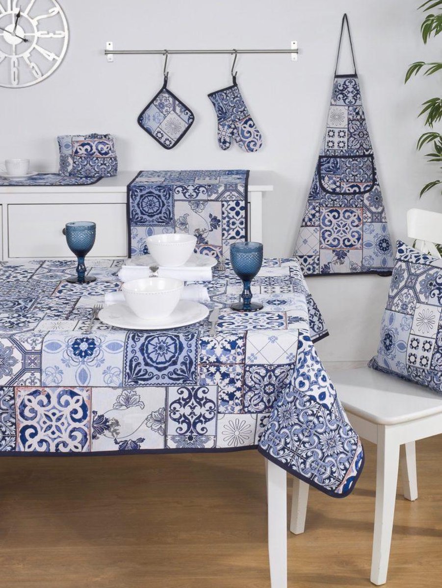 Tafelkleed - luxe gobelin - Mural - Tegelmotief - Delfts blauw - Loper 140 x 45 cm
