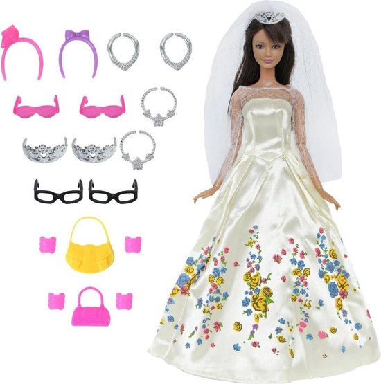 Glimp Uitstekend Klacht Prinsessen jurk met sluier, kroon, sieraden, tasjes en brillen - Bruidsjurk  past op barbie | bol.com