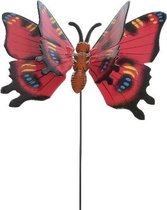 Metalen vlinder rood 17 x 60 cm op steker - Tuindecoratie vlinders - Dierenbeelden