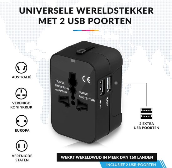 YONO Wereldstekker Universeel met 2 Fast Charge USB Poorten – Internationale Reisstekker geschikt voor 170+ Landen - Amerika/Engeland/UK/Italie/Australië/Japan/Type A/G – Zwart - YONO