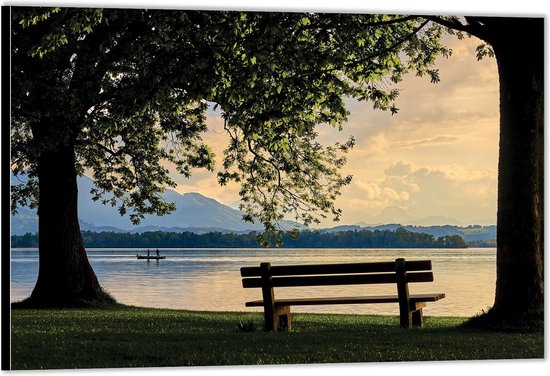 Dibond –Bankje onder de Bomen aan het Water– 60x40 Foto op Aluminium (Wanddecoratie van metaal)