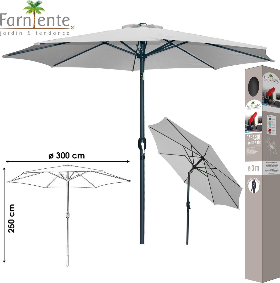 Urban Living Farniente parasol in light grey, ø300cm, featuring the Farniente brand logo.