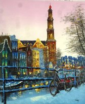 City scene Amsterdam, Western Church by night 40x30CM/16x12INCH